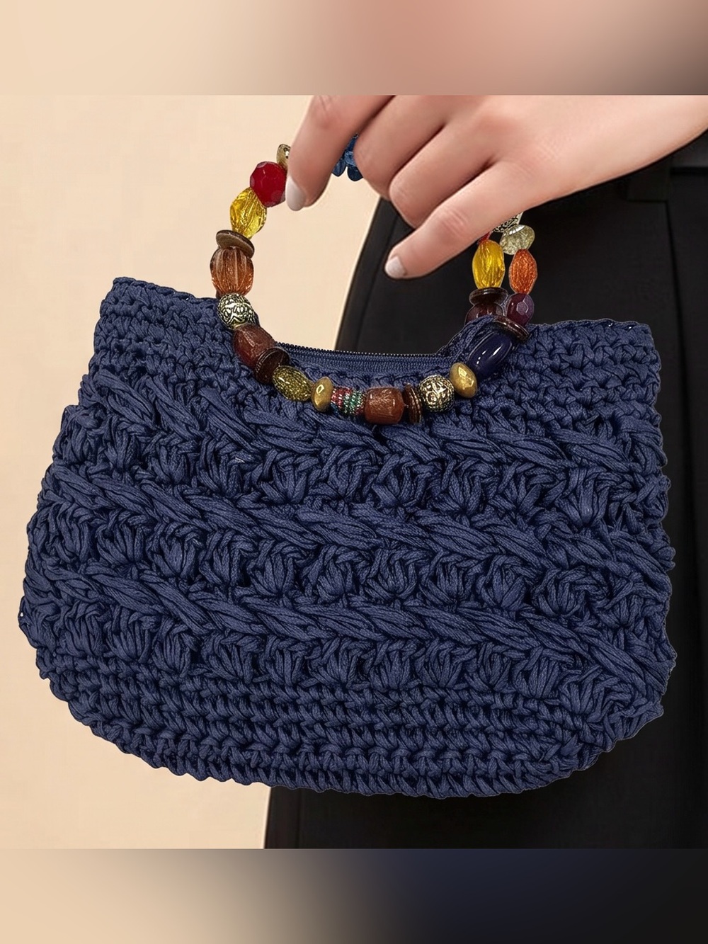 Cappelli Straworld Woven Raffia Tote Beaded Handles Lined Navy EUC